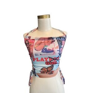 Playboy JYOSEI Magazine Print Chain Halter Top‎ Y2K Party Girl Tie Up Crop Top